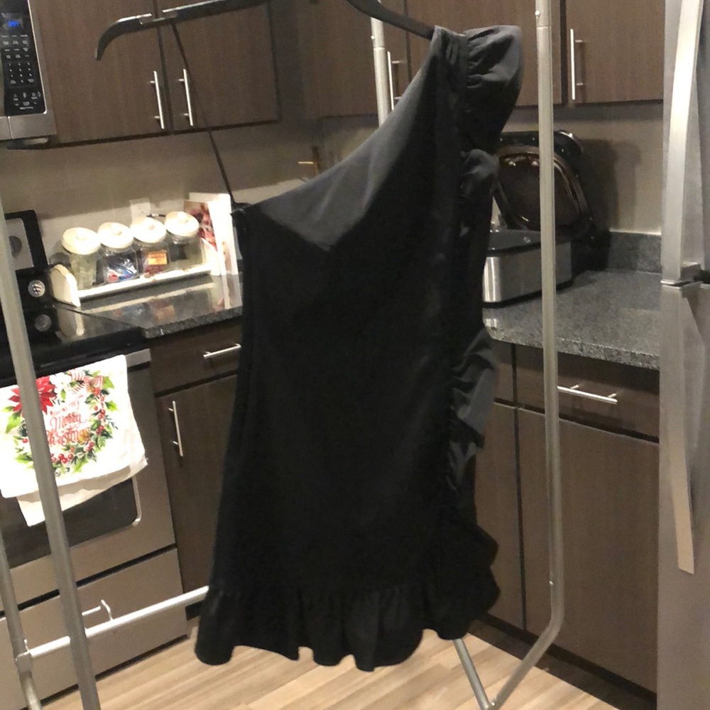 Black J-Crew one shoulder ruffle dress!